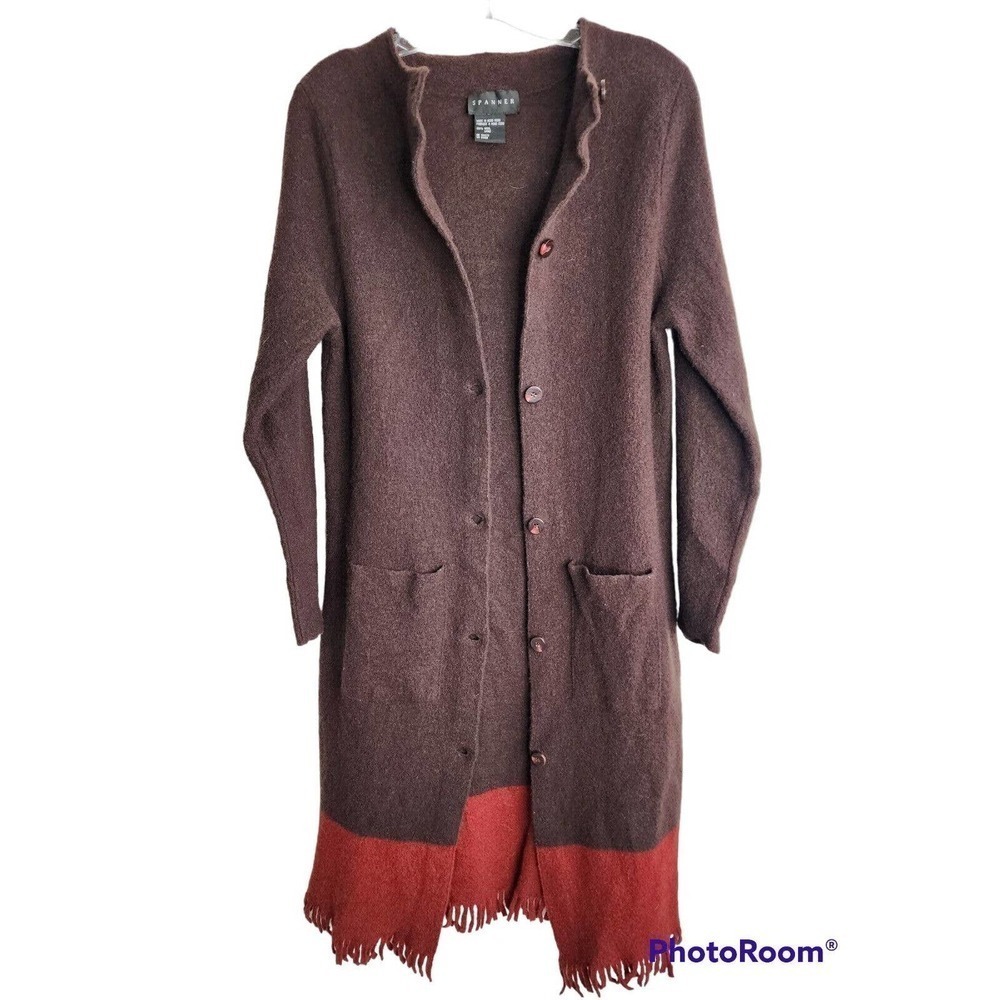 Spanner Wool Long Duster Button Cardigan Fringed Hem Pockets Size XS